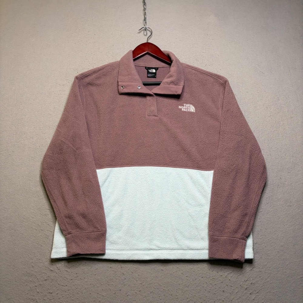 The North Face TKA Glacier Pullover Women L Pink Blue Snap Neck Fleece NF0A84IM